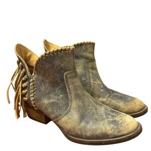 Circle G Women’s Fringe Booties Round Toe Distressed Leather Blue Brown 8.5